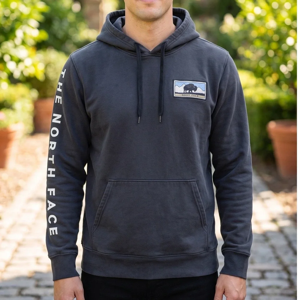 The North Face Mens Grand Teton Bison Hoodie Black Sleeve Logo Pullover NF0A4M4M